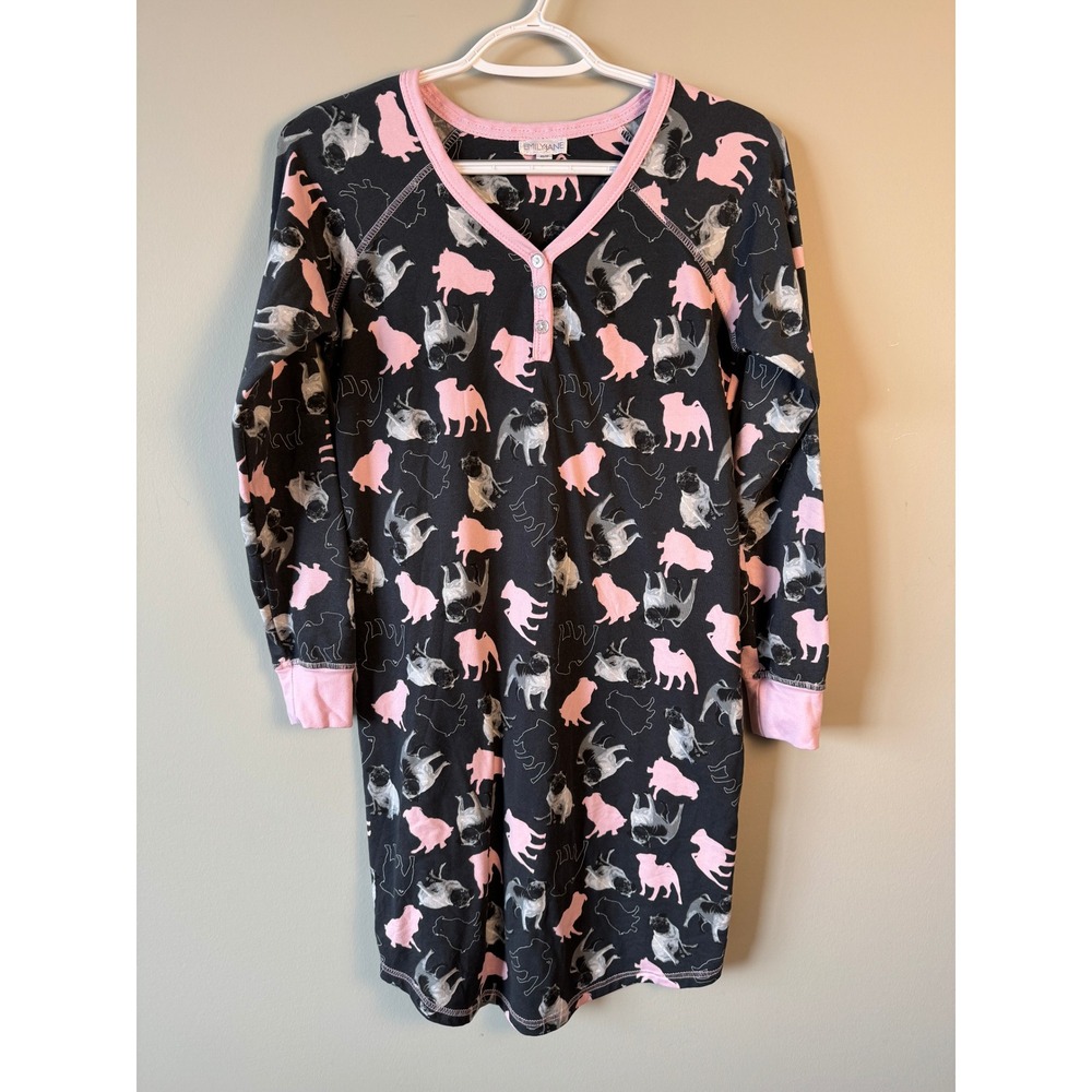 Emily Jane Pug Dog Print‎ Nightgown Long Sleeve Henley Sleep Shirt Gray Pink XS